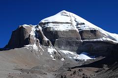 
Mount Kailash South Face shines beautifully in the mid-morning sun from the Inner Kora (09:13). At the bottom of the face is the Atma Linga, a pyramidal ice formation. 
